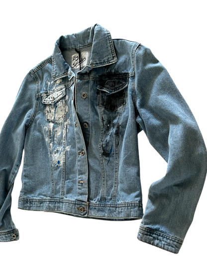 Hand-Painted Denim Jacket – Black & White Splash Design *