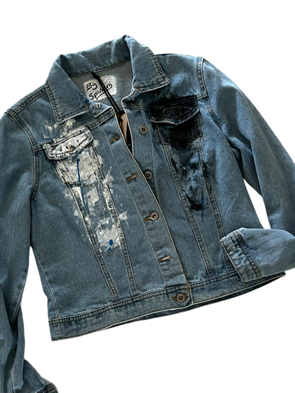 Hand-Painted Denim Jacket – Black & White Splash Design *