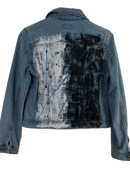 Hand-Painted Denim Jacket – Black & White Splash Design *