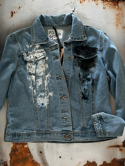 Hand-Painted Denim Jacket – Black & White Splash Design *