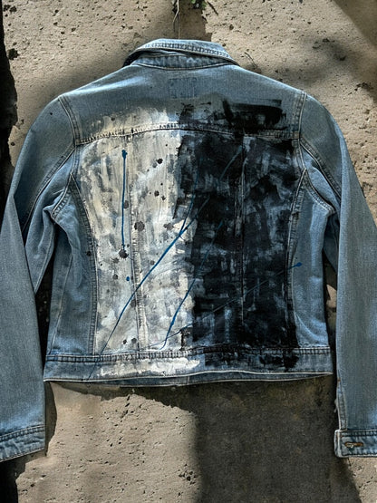 Hand-Painted Denim Jacket – Black & White Splash Design *