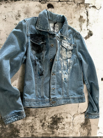 Hand-Painted Denim Jacket – Black & White Splash Design *