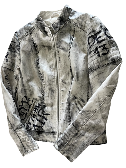 Hand-Painted White Biker Jacket – Black Stroke Design *