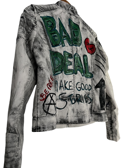 Hand-Painted White Biker Jacket – Black Stroke Design *