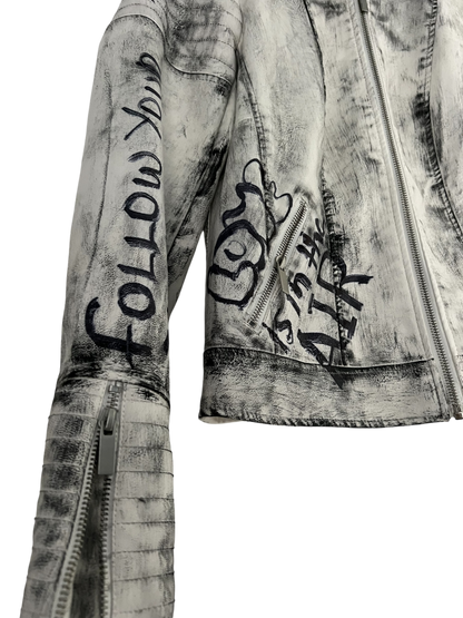 Hand-Painted White Biker Jacket – Black Stroke Design *