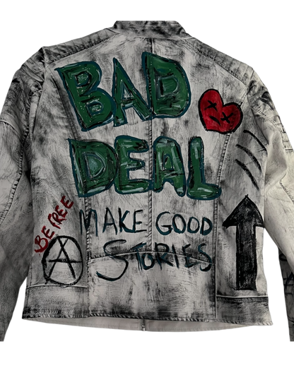 Hand-Painted White Biker Jacket – Black Stroke Design *