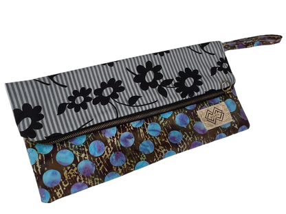 Dual Sided Cotton Clutch Bag - Blue & Gold Floral | Zilos