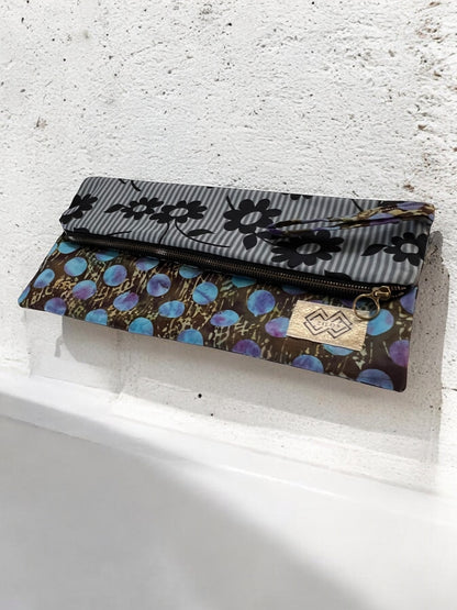 Dual Sided Cotton Clutch Bag - Blue & Gold Floral | Zilos