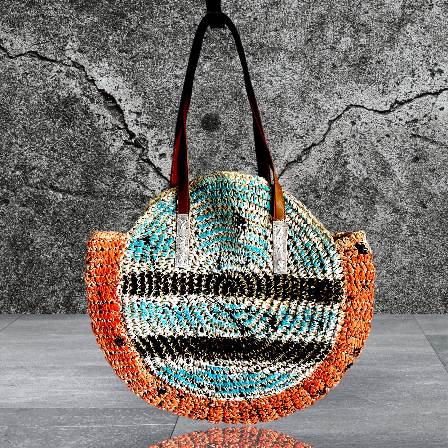 Straw Hand-Painted  Round Tote Bag