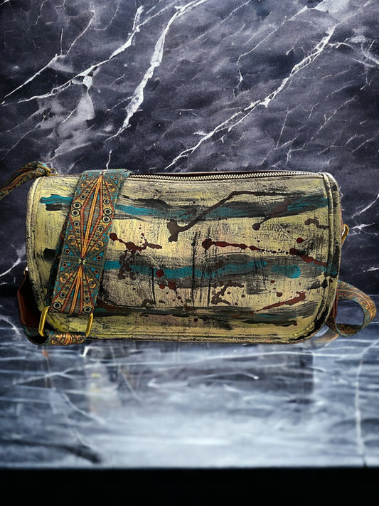 Hand-Painted Abstract Barrel Crossbody Bag *