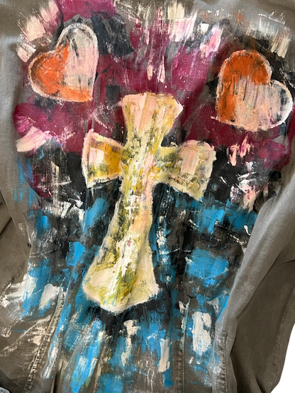 Hand-Painted Military Jacket with Abstract Cross Design *