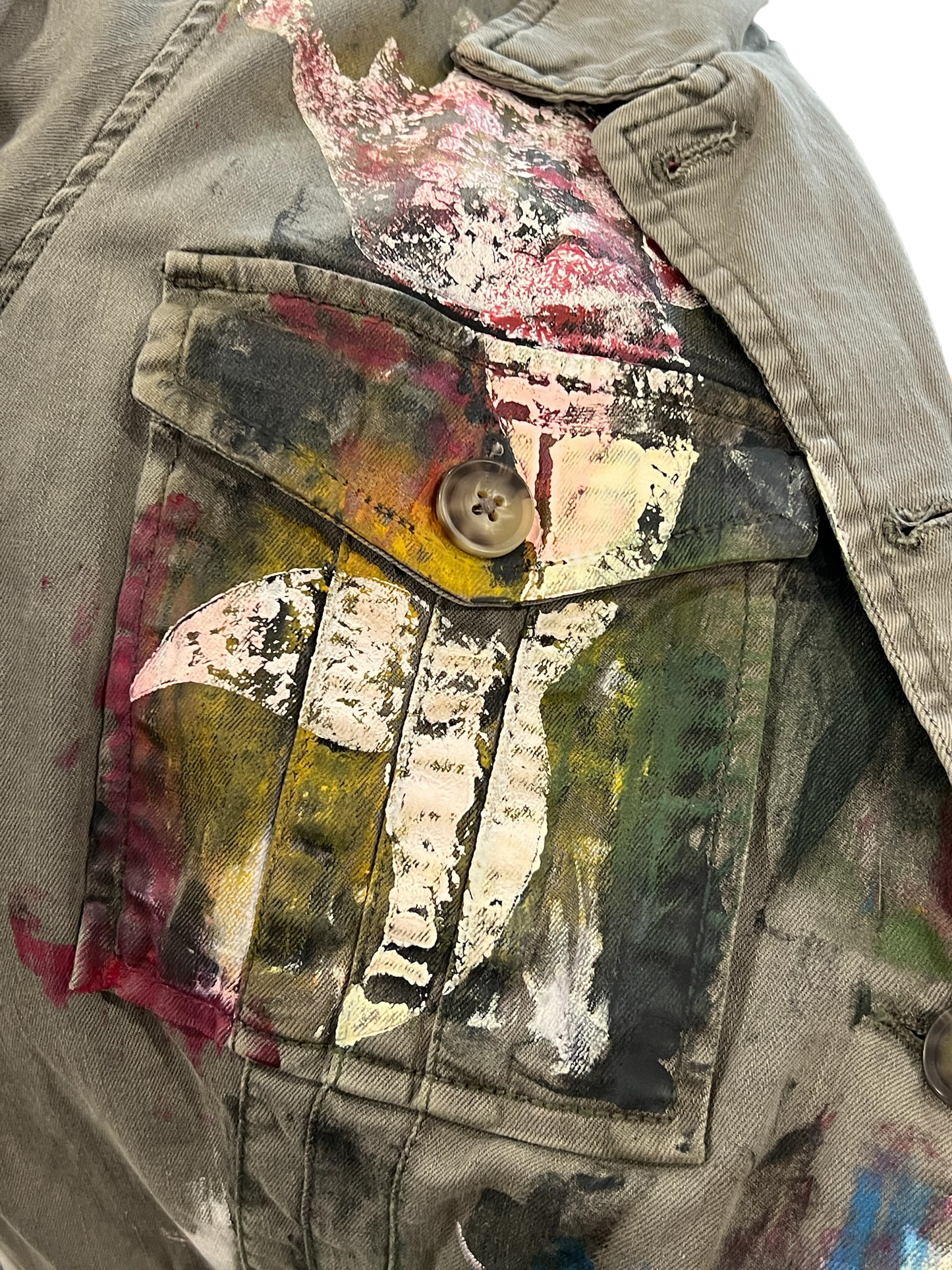 Hand-Painted Military-Style Jacket with Abstract Cross Design