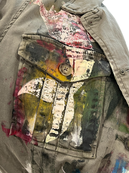 Hand-Painted Military Jacket with Abstract Cross Design *