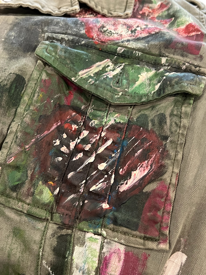 Hand-Painted Military Jacket with Abstract Cross Design *