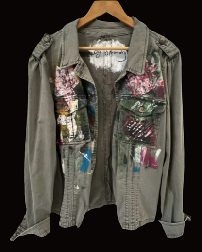 Hand-Painted Military Jacket with Abstract Cross Design *