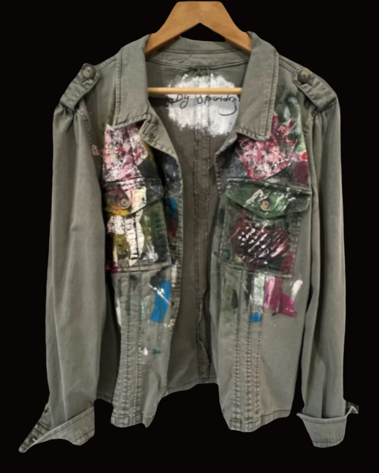 Hand-Painted Military-Style Jacket with Abstract Cross Design