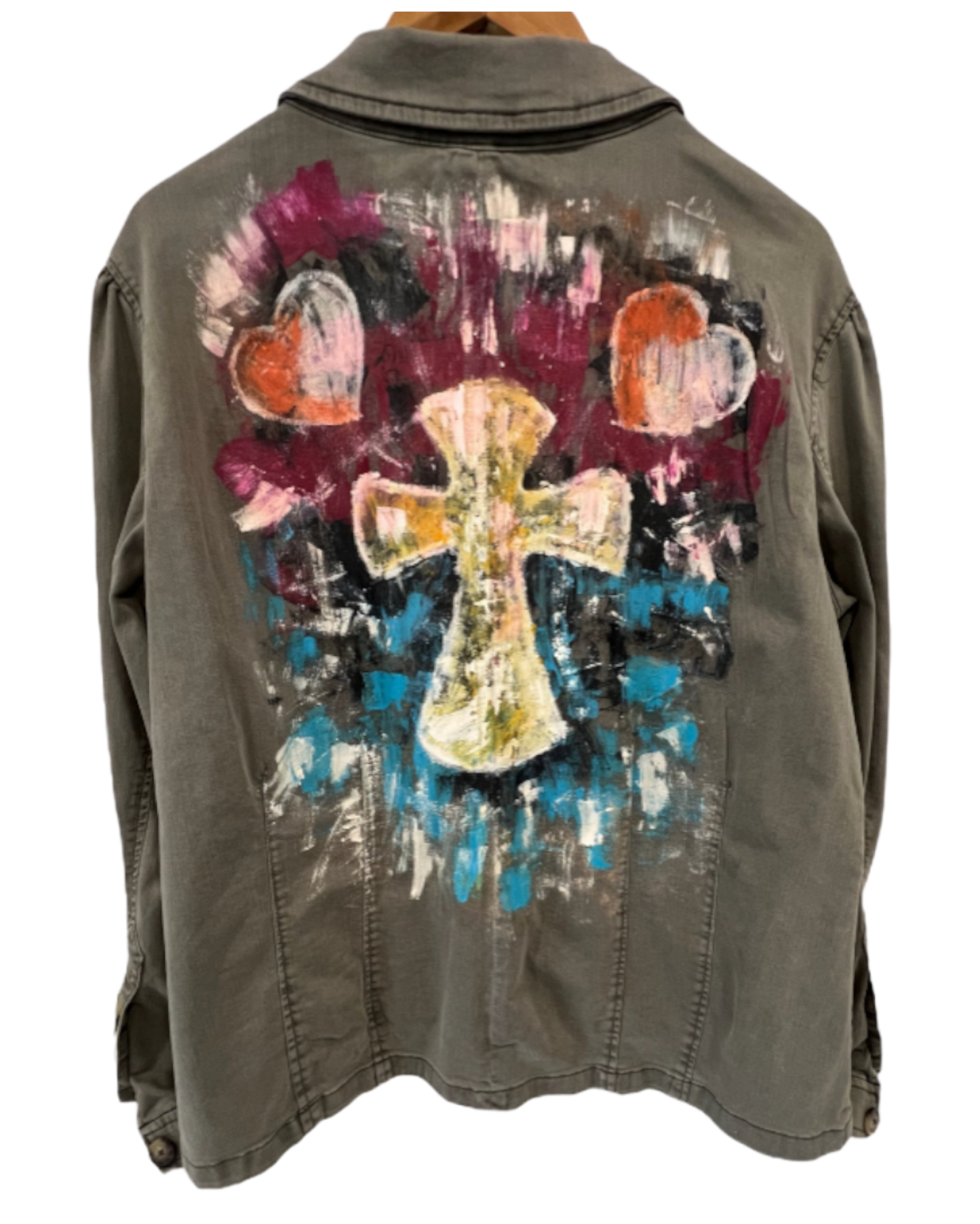 Hand-Painted Military-Style Jacket with Abstract Cross Design