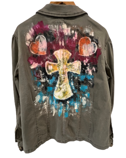 Hand-Painted Military Jacket with Abstract Cross Design *