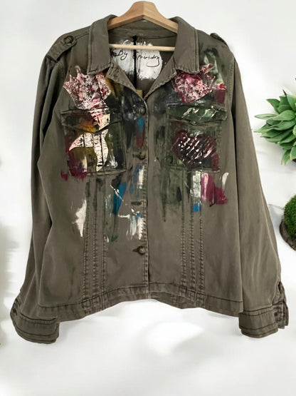 Hand-Painted Military Jacket with Abstract Cross Design *