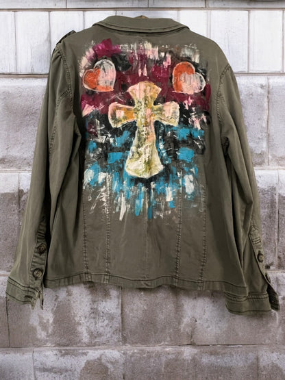 Hand-Painted Military Jacket with Abstract Cross Design *