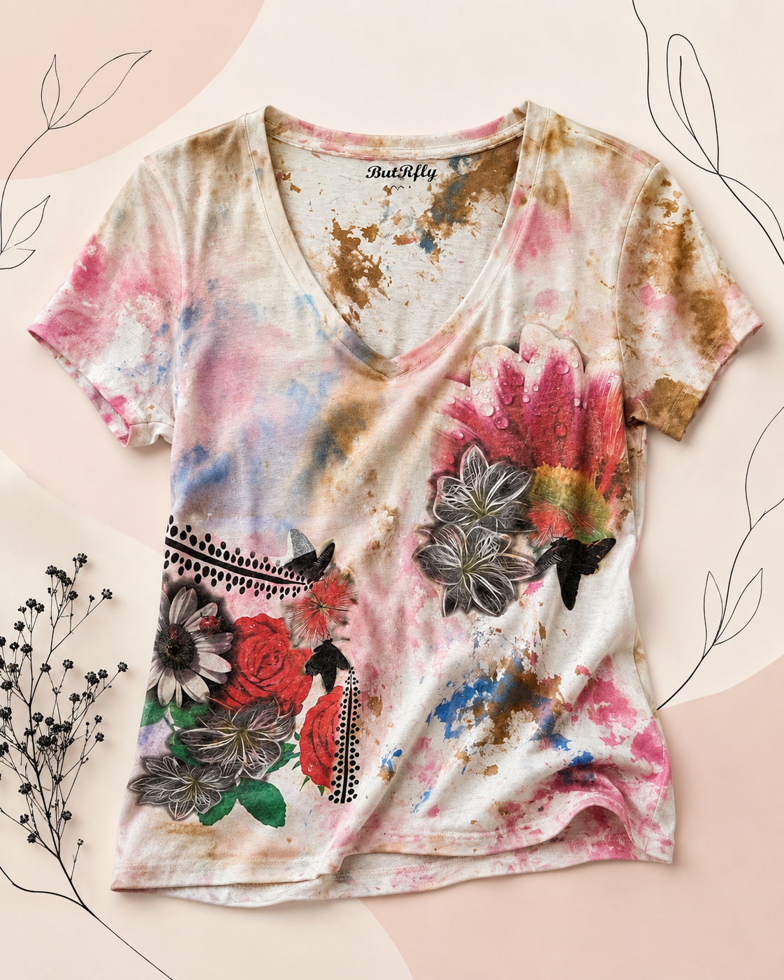 Women’s Abstract Floral Graphic V-Neck T-Shirt *