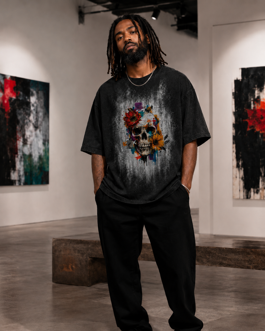 Black Skull & Floral Graphic T-Shirt | Z47 Streetwear