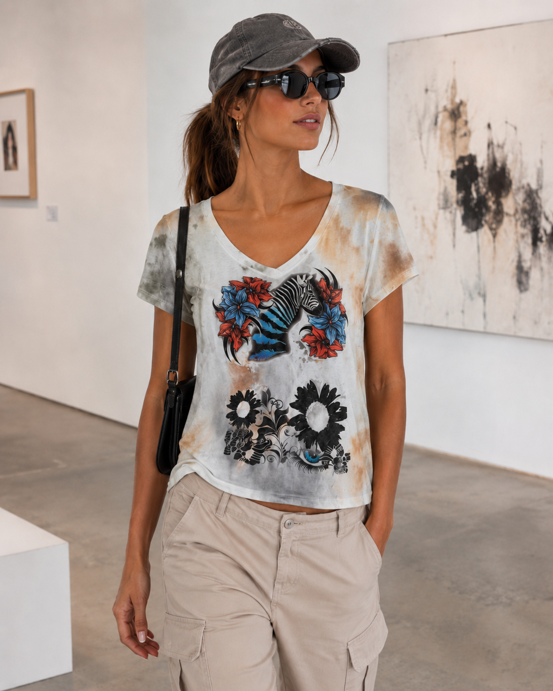 Women’s Zebra Floral Graphic V-Neck T-Shirt *