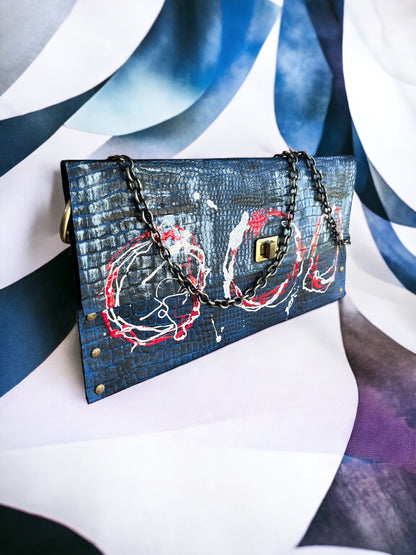 Blue Leather Envelope Clutch Hand Crafted Hand-Painted