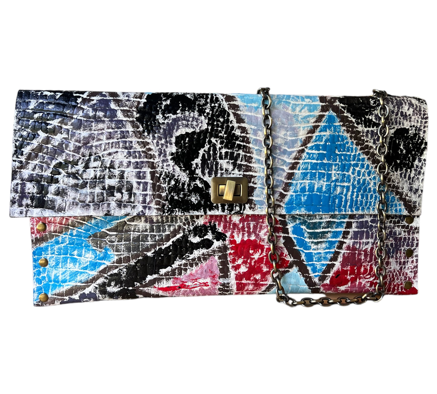 Hand-Painted Leather Clutch - Geometric Motif