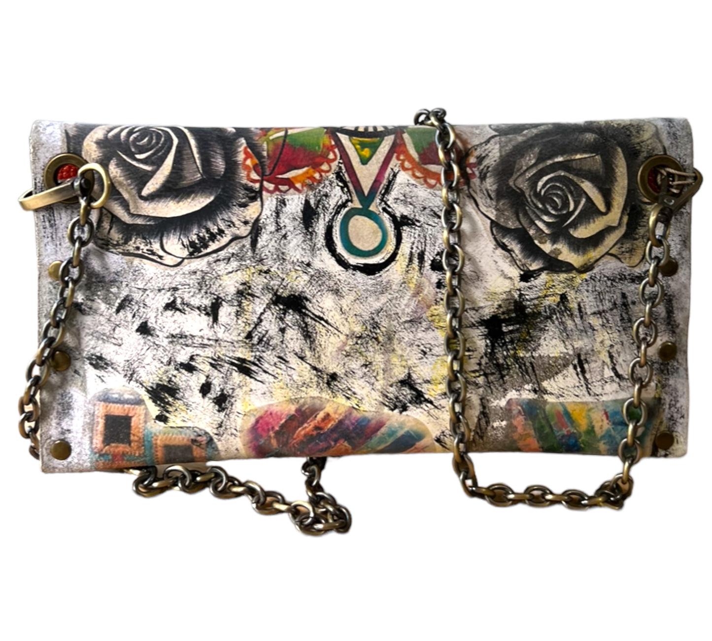 Hand-Painted Leather Clutch Bag with Chain Strap