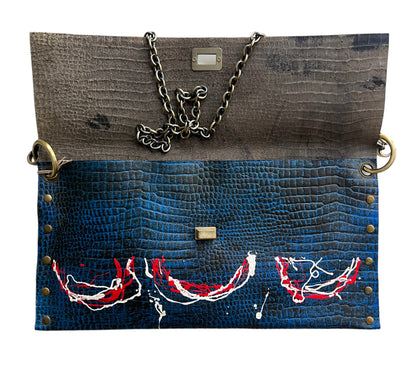Blue Leather Envelope Clutch Hand Crafted Hand-Painted