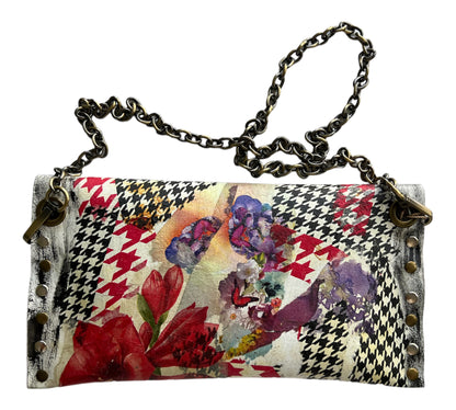 Checkered Pattern and Red Flowers Leather Handbag