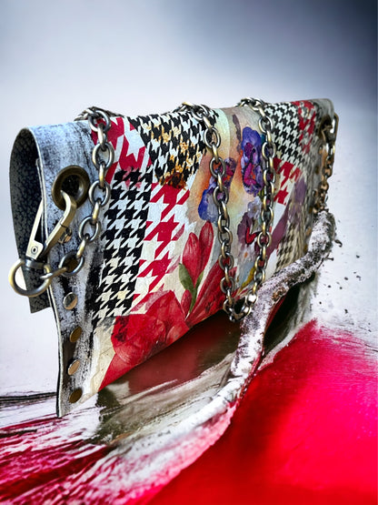 Checkered Pattern and Red Flowers Leather Handbag