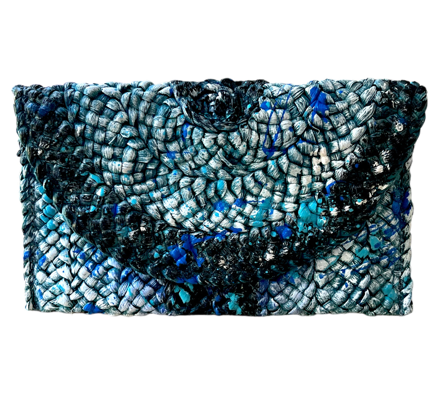 Hand-Painted Blue and Turquoise Straw Clutch