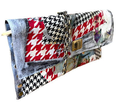Checkered Pattern and Red Flowers Leather Handbag