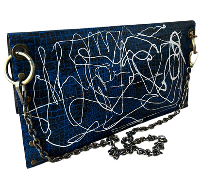 Blue Leather Envelope Clutch Hand Crafted Hand-Painted