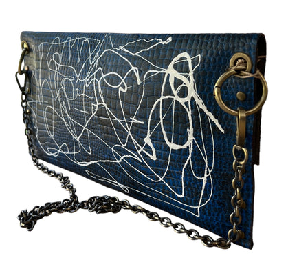 Blue Leather Envelope Clutch Hand Crafted Hand-Painted