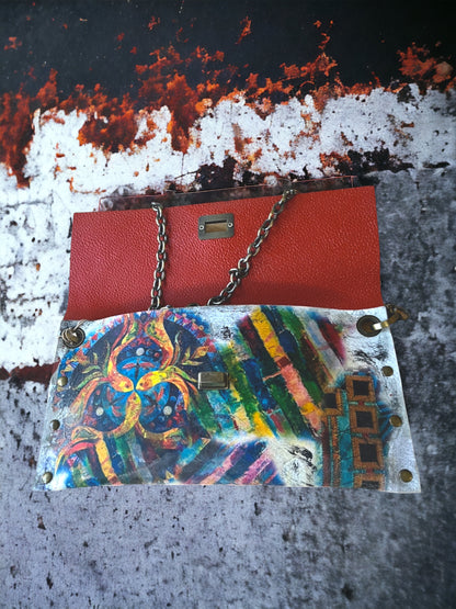 Hand-Painted Leather Clutch Bag with Chain Strap