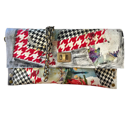 Checkered Pattern and Red Flowers Leather Handbag