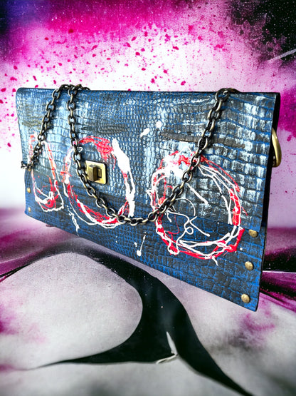Blue Leather Envelope Clutch Hand Crafted Hand-Painted
