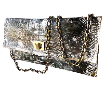 Brown and White Embellished Handbag