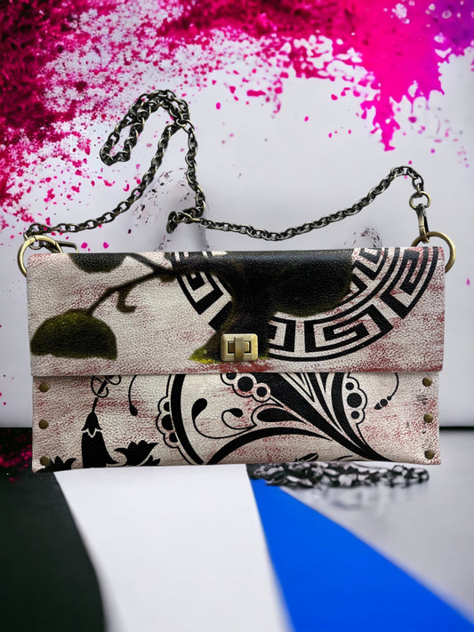 Hand-Painted Greek Meander Leather Clutch *
