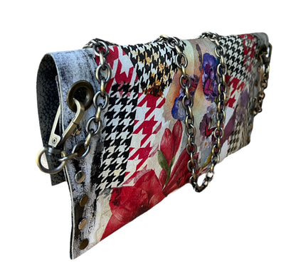 Checkered Pattern and Red Flowers Leather Handbag