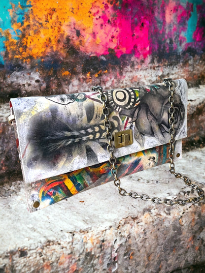 Hand-Painted Leather Clutch Bag with Chain Strap