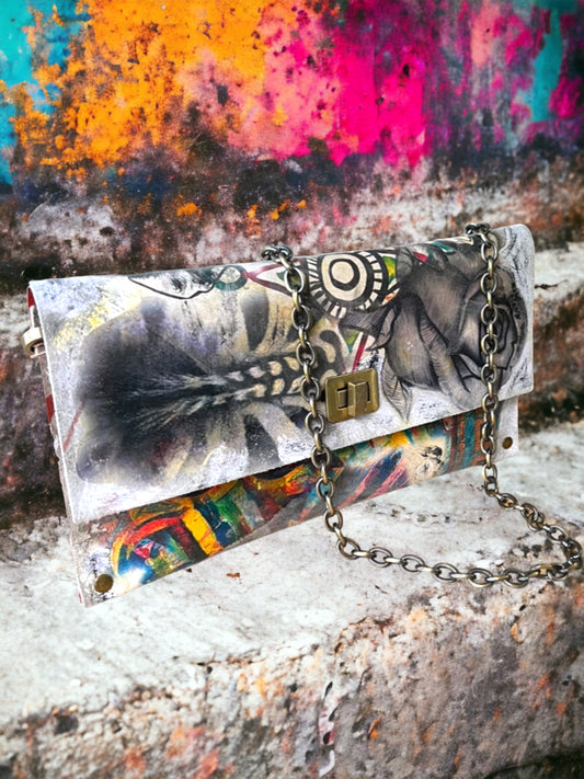 Hand-Painted Leather Clutch Bag with Chain Strap