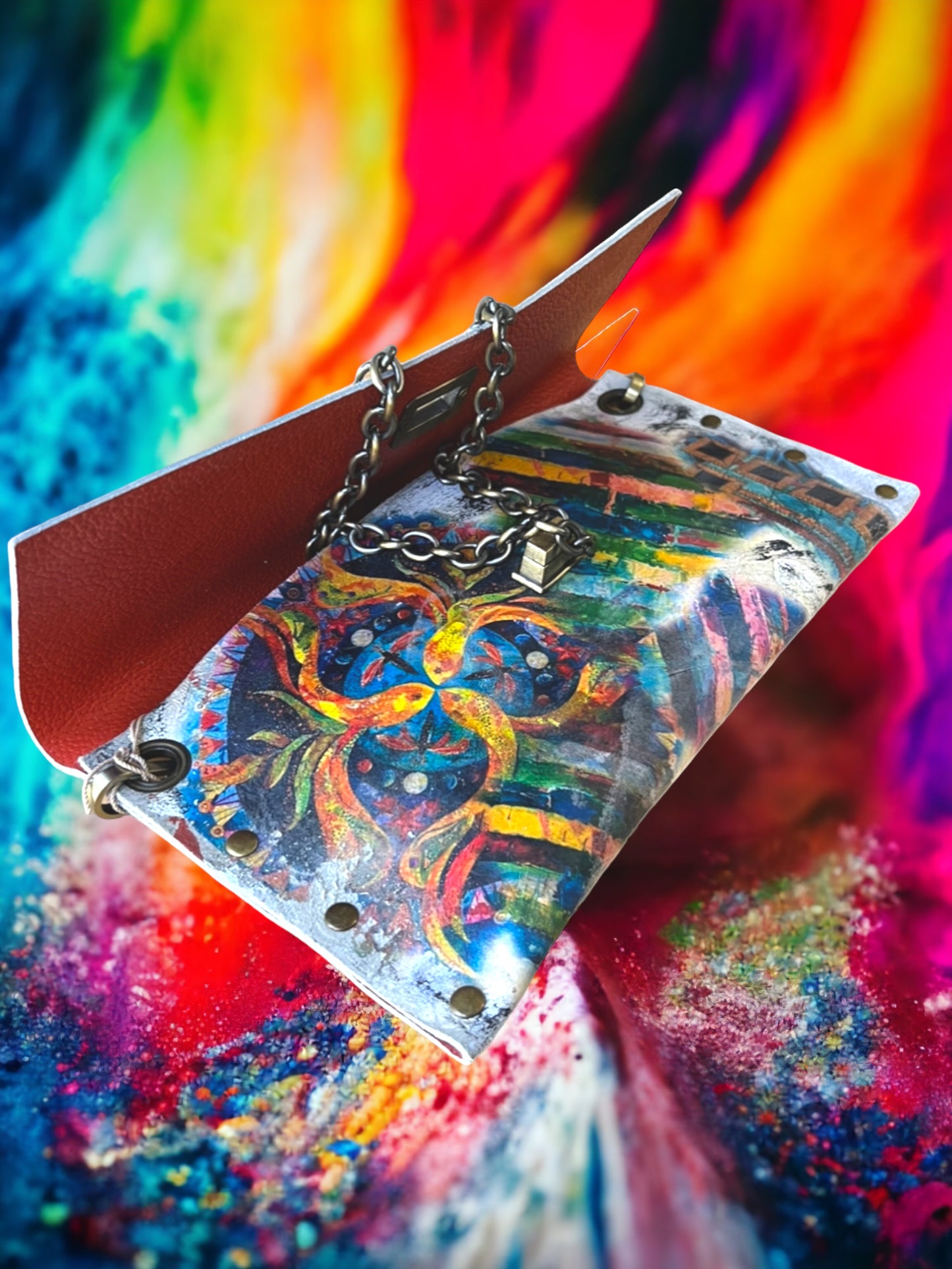 Hand-Painted Leather Clutch Bag with Chain Strap