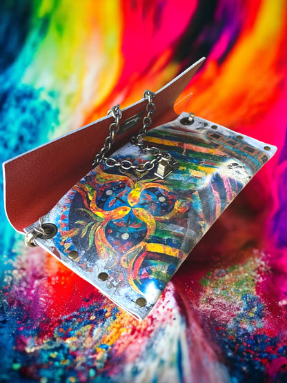 Hand-Painted Leather Clutch Bag with Chain Strap