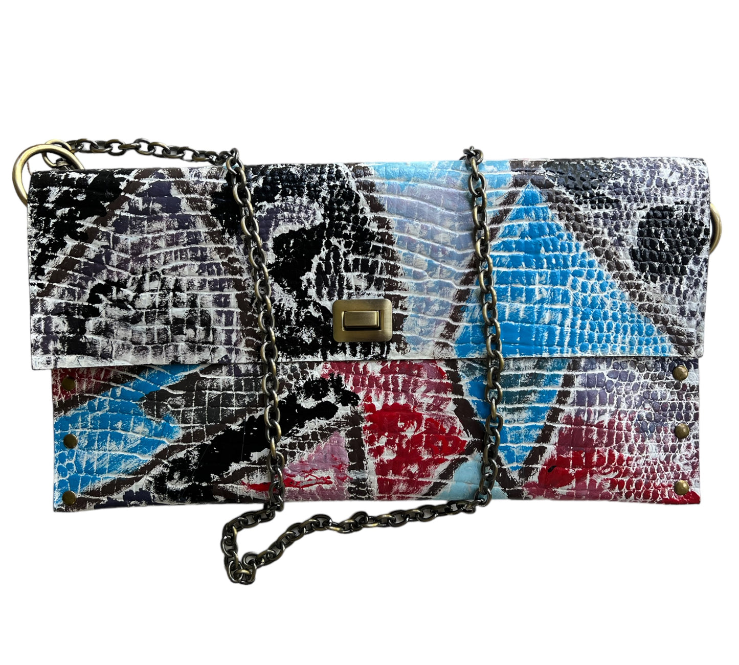 Hand-Painted Leather Clutch - Geometric Motif