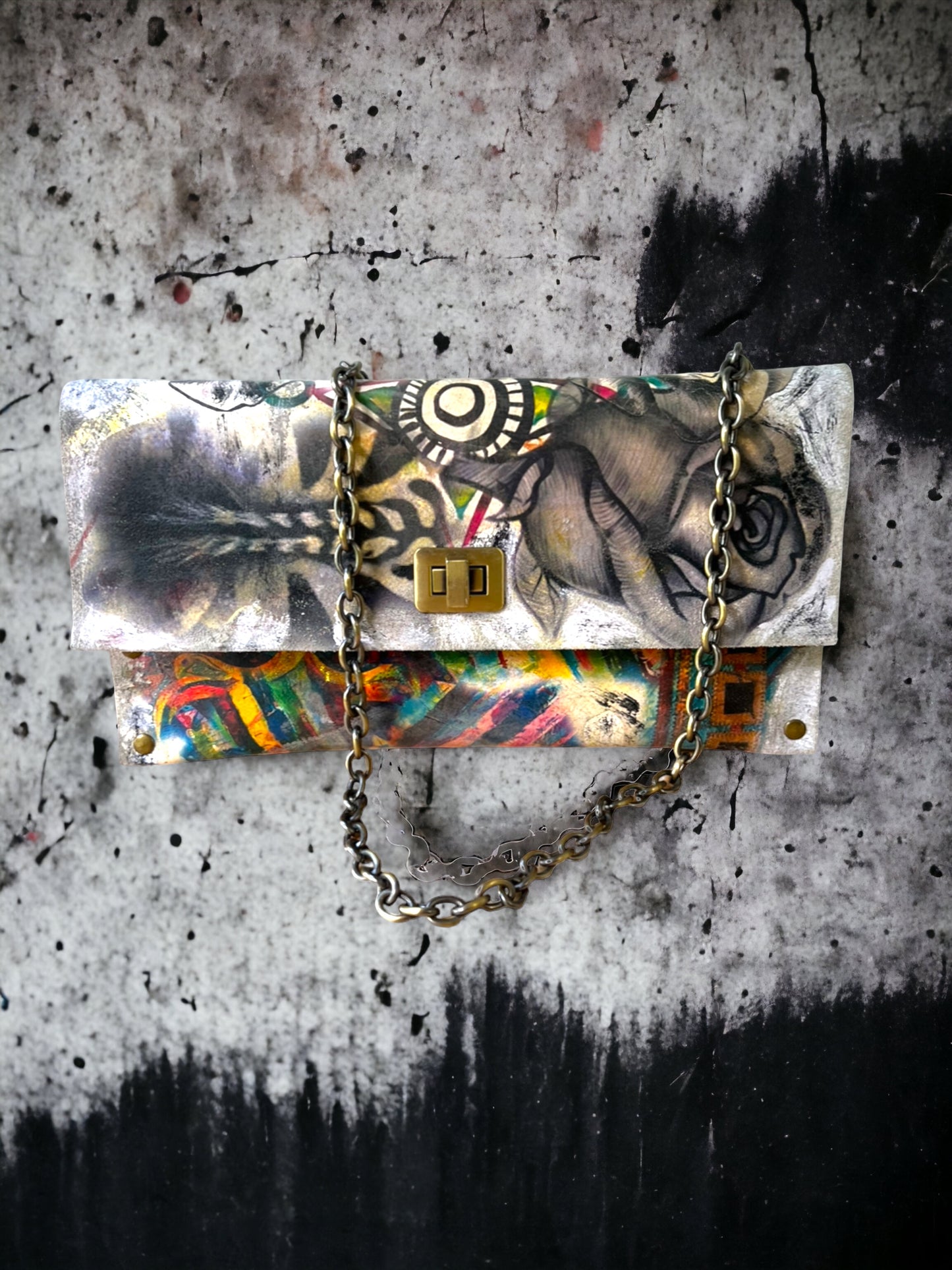 Hand-Painted Leather Clutch Bag with Chain Strap