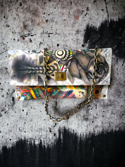 Hand-Painted Leather Clutch Bag with Chain Strap